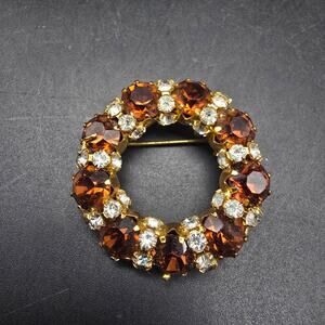 Root Beer Rhinestone Wreath Brooch Vintage Glam Costume Jewelry